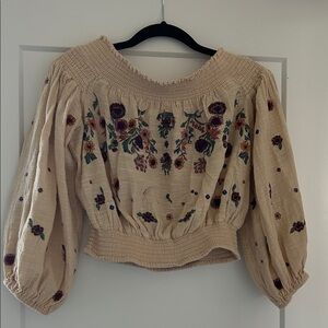 Free People Beige Floral Embroidered Blouse